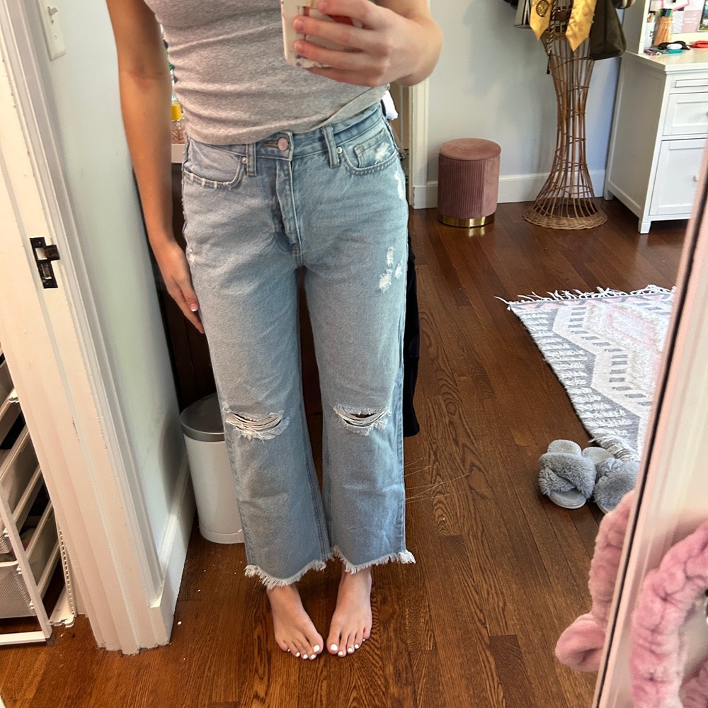 Light Blue Distressed Wide-Leg Jeans - Women's Flare